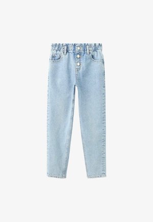 Blugi din denim cu spălare deschisă, cu talie elastică, design cu cinci buzunare și închidere cu nasturi. Croială dreptă, cu textură netedă.