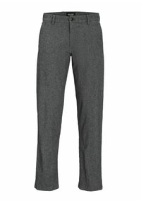 Grijze gemêleerde broek met een rechte pasvorm, voorzien van een knoopsluiting en traditionele riemlussen voor extra functionaliteit.