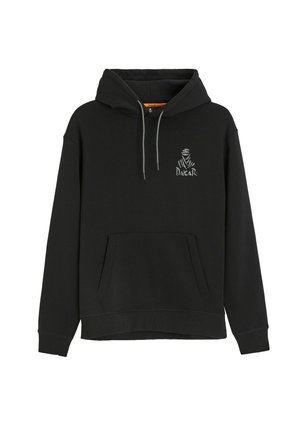 Czarna bawełniana bluza z kapturem, z przednią kieszenią, regulowanym kapturem na sznurku oraz szarym logo "DAKAR" na klatce piersiowej. Miękka faktura, luźny krój.
