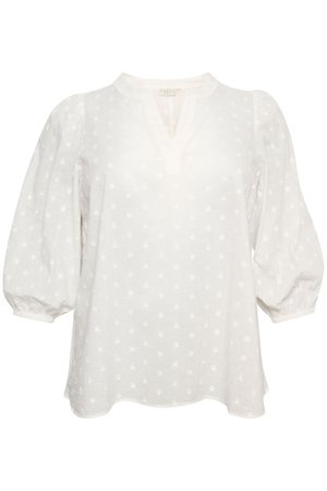 White blouse with a V-neck, short puffed sleeves, and textured dot pattern. Fabric appears lightweight and semi-sheer with a relaxed fit.