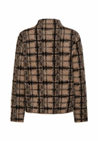 Veste en tissu à carreaux marron avec une texture duveteuse, dotée d'un col montant et de manches longues. Le motif se compose de carreaux beige et noir.