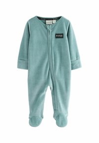 Tutina per neonati di colore azzurro chiaro in pile, con maniche lunghe, zip frontale e design con piedi. Presenta un piccolo etichetta "BAKER" sul petto. Texture morbida.