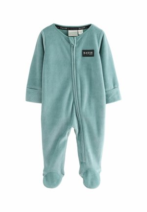Tutina per neonati di colore azzurro chiaro in pile, con maniche lunghe, zip frontale e design con piedi. Presenta un piccolo etichetta "BAKER" sul petto. Texture morbida.
