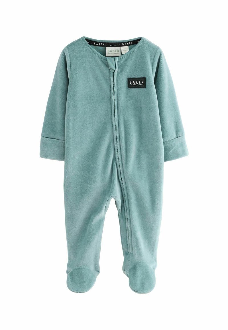 Tutina per neonati di colore azzurro chiaro in pile, con maniche lunghe, zip frontale e design con piedi. Presenta un piccolo etichetta "BAKER" sul petto. Texture morbida.