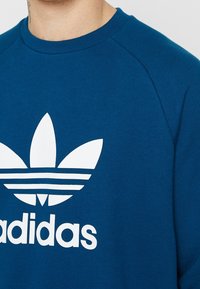 Sweatshirt bleu en tissu doux, avec un grand logo trefoil blanc et le texte "adidas" en bas en lettres grasses.