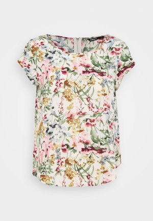 Blouse à manches courtes avec col rond et fermeture éclair au dos, présentant un imprimé floral intégral aux tons roses, verts, jaunes et gris.