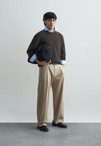 Καφέ πλεχτό πουλόβερ πάνω από ανοιχτό μπλε πουκάμισο με γιακά, μπεζ πλισέ παντελόνι και μαύρα παπούτσια. Κρατάει μια μαύρη τσάντα. Απλός, σύγχρονος σχεδιασμός.