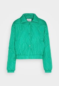 Teal gesteppte Jacke mit Druckknöpfen, Kragen, elastischen Bündchen und Saum, entworfen für Freizeitbekleidung.