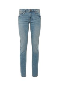 Jeans ajustados de denim color azul claro, con cinco bolsillos, cierre de botón y cremallera, y un ligero desgaste en la tela.