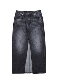 Jupe en denim gris foncé avec fente à l'avant, dotée de cinq poches, fermeture par bouton supérieur et détails en surpiqûre contrastante. Texture lisse.