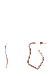 Ohrringe aus roségoldfarbenem Metall mit einem einzigartigen wellenförmigen Design. Merkmale sind ein Stiftverschluss und eine zeitgenössische geometrische Form. Glatte Oberfläche.