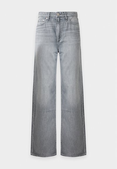 Jean denim gris clair à jambes larges avec bouton frontal, fermeture éclair, poches avant et arrière.