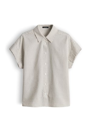 Beige overhemd met korte mouwen met dunne verticale grijze strepen, knopen aan de voorkant en een puntige kraag.