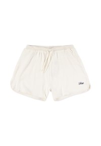 Kremowe szorty w prążki z elastycznym paskiem w talii i sznurkiem. Na dolnej lewej stronie umieszczono małe niebieskie logo z napisem "Prosto".