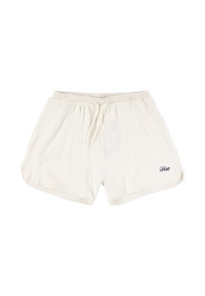 Kremowe szorty w prążki z elastycznym paskiem w talii i sznurkiem. Na dolnej lewej stronie umieszczono małe niebieskie logo z napisem "Prosto".