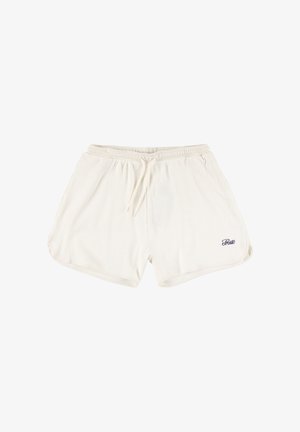 Kremowe szorty w prążki z elastycznym paskiem w talii i sznurkiem. Na dolnej lewej stronie umieszczono małe niebieskie logo z napisem "Prosto".