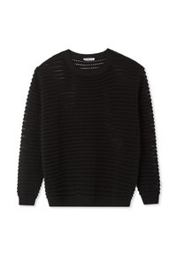 Maglione a maniche lunghe di colore nero, realizzato in maglia con motivo a trame aperte, con colletto, polsini e orlo a coste, presentato disteso su sfondo bianco.