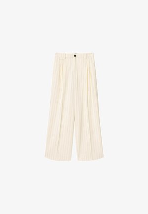 Helle, weite Hosen mit dünnen vertikalen Nadelstreifen, hoher Taille, vorderen Falten, seitlichen Taschen und einem einzelnen dunklen Knopfverschluss.