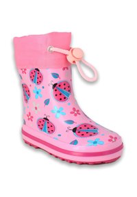 Roze rubberen regenlaars met lieveheersbeestje- en bloemenpatronen, met een gestructureerd oppervlak en een trekkoordsluiting voor een verstelbare pasvorm.