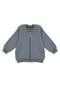 Szara kurtka zapinana na zamek, wykonana z mieszanki bawełny, z długimi rękawami, dwoma przednimi kieszeniami, ściągaczami na mankietach i okrągłym dekoltem.