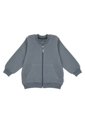 Szara kurtka zapinana na zamek, wykonana z mieszanki bawełny, z długimi rękawami, dwoma przednimi kieszeniami, ściągaczami na mankietach i okrągłym dekoltem.