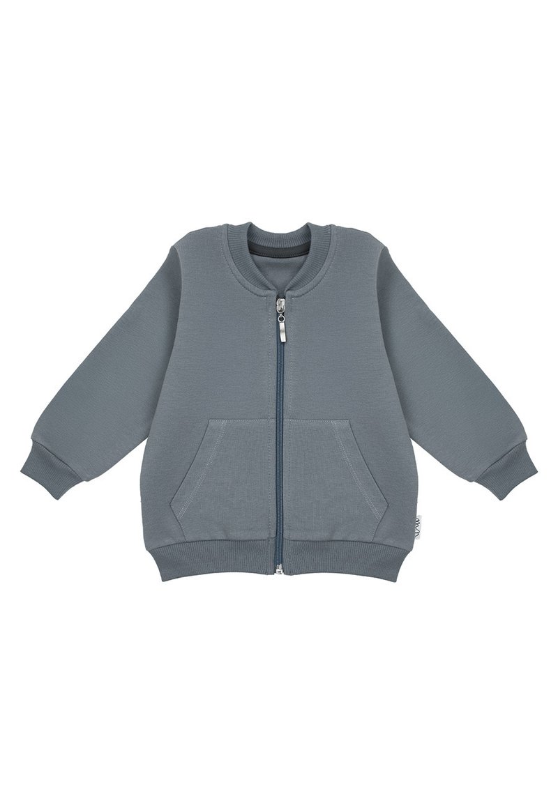 Szara kurtka zapinana na zamek, wykonana z mieszanki bawełny, z długimi rękawami, dwoma przednimi kieszeniami, ściągaczami na mankietach i okrągłym dekoltem.