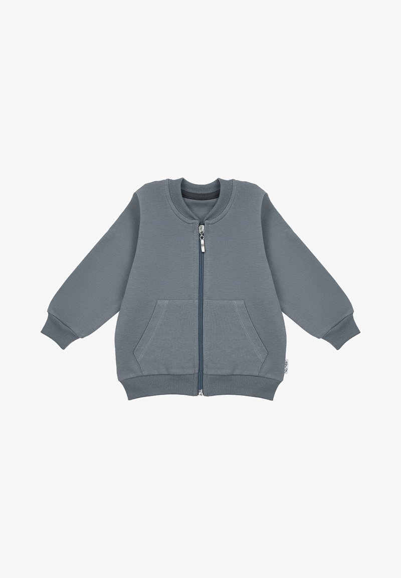 Szara kurtka zapinana na zamek, wykonana z mieszanki bawełny, z długimi rękawami, dwoma przednimi kieszeniami, ściągaczami na mankietach i okrągłym dekoltem.