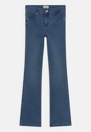 Niebieskie dziecięce dzwony z przednimi kieszeniami, szlufkami na pasek, zapięciem na guzik i metką na pasku talii.