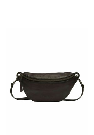 Banane compacte en cuir noir avec compartiment principal zippé et sangle réglable avec fermoirs métalliques sur fond blanc.