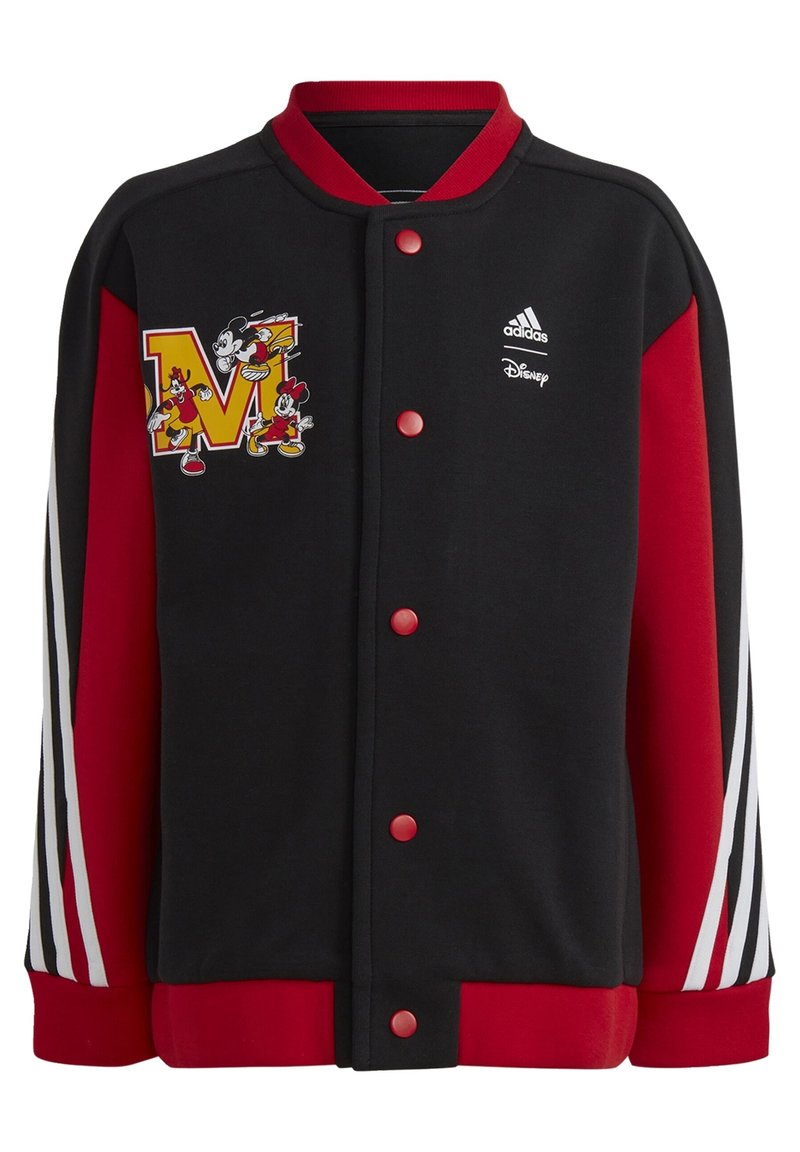 Black and red varsity jacket featuring a cartoon graphic, Adidas logo, and contrasting white stripes on the sleeves. Smooth fabric texture.