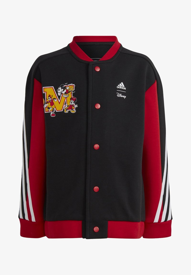 Black and red varsity jacket featuring a cartoon graphic, Adidas logo, and contrasting white stripes on the sleeves. Smooth fabric texture.