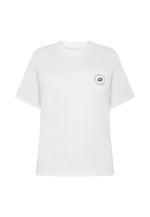 Witte katoenen t-shirt met een ronde hals en korte mouwen. Voorzien van een klein zwart grafisch logo op de linkerborst.