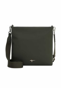 Borsa a tracolla verde oliva realizzata in materiale sintetico liscio, caratterizzata da un logo argentato e una tracolla regolabile per maggiore comodità.