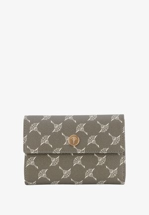Szary skórzany portfel z białym wzorem liści, złotym zapięciem na guziki i teksturowanym wykończeniem. Kompaktowy i prostokątny design.