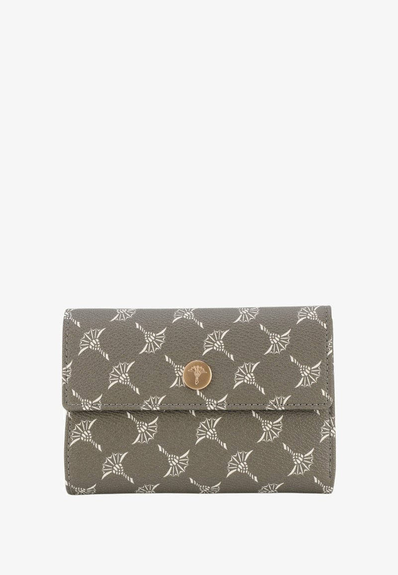 Portafoglio in pelle grigia con motivo a foglia bianca, chiusura con bottone in metallo dorato e finitura testurizzata. Design compatto e rettangolare.