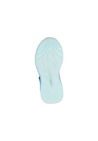Suela de zapato de material de goma azul claro, con una superficie texturizada y patrones en forma de ola para mayor tracción. Diseño de tacón redondeado.