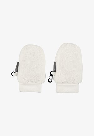 Weiße Fleece-Handschuhe mit gerippten Bündchen, die auf der Seite einen schwarzen Clip haben. Weicher Stoff und runde Form sorgen für Wärme und Komfort.