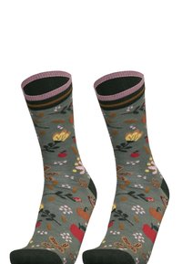 Green socks with floral patterns in yellow, red, and pink, featuring a ribbed cuff in pink and dark green accents.