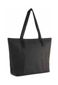 Zwarte stoffen tote bag met lange hengsels, rechthoekige vorm, voorzien van een groot voorvak en een gladde textuur.