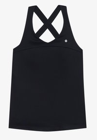 Svart trenings-tank topp med en tettsittende design, som har kryssrygg-stil og en liten logo på øvre venstre side.
