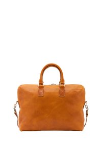 Borsa a mano in pelle marrone con manici arrotondati, chiusura con zip e tracolla removibile. Texture liscia e leggero lucido.