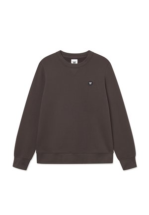 Brown sweatshirt made of cotton blend fabric. Features a crew neck, ribbed cuffs, and a small black logo on the chest. Simple design.
