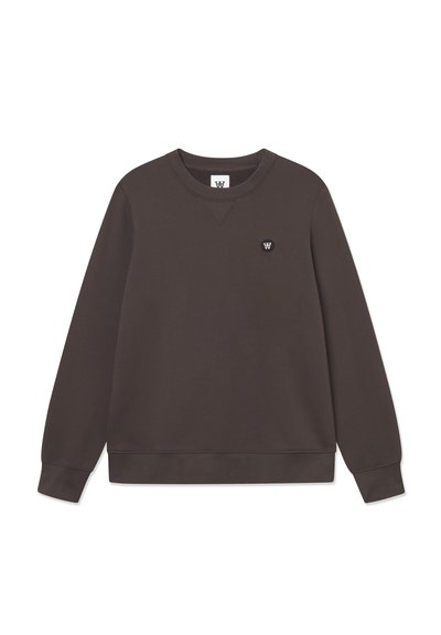 Sweatshirt marron en tissu mélangé en coton. Doté d'un col rond, de poignets côtelés et d'un petit logo noir sur la poitrine. Design simple.