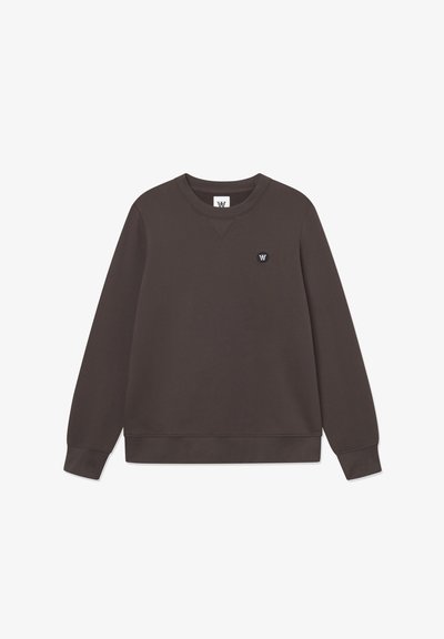 Sweatshirt marron en tissu mélangé en coton. Doté d'un col rond, de poignets côtelés et d'un petit logo noir sur la poitrine. Design simple.
