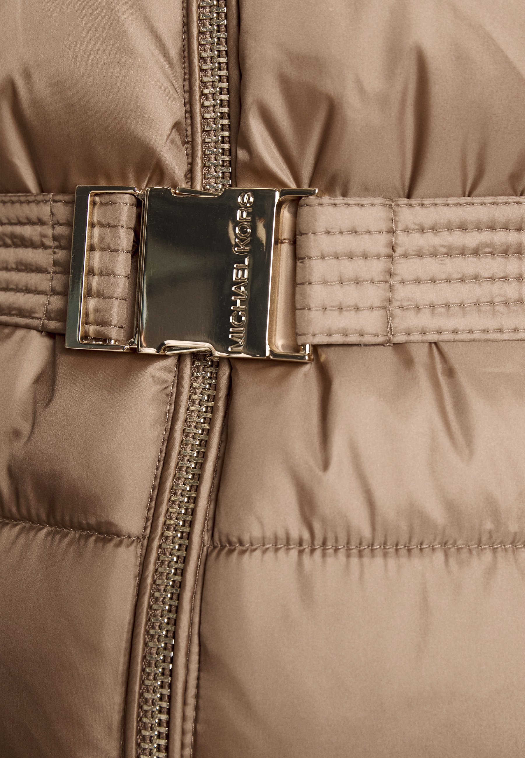 Michael Michael Kors Belted Horizontal Quilted Puffer Coat with Snap Off Winter Jacket Husk, Women's, Size: Medium, Brown