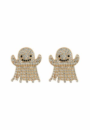 Pair of gold-tone ghost-shaped brooches with clear rhinestones, black eyes, and smiling mouths on white background.