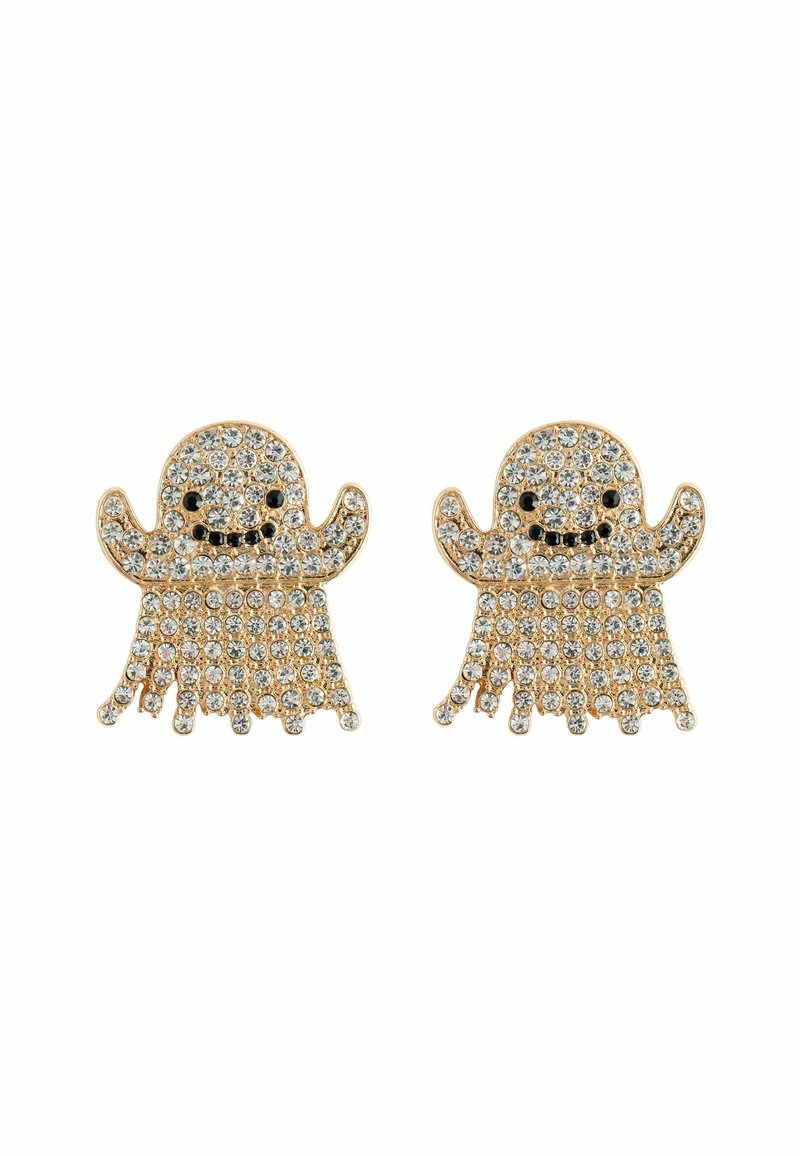 Pair of gold-tone ghost-shaped brooches with clear rhinestones, black eyes, and smiling mouths on white background.