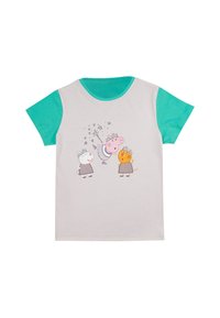 Camiseta de algodón gris claro con un diseño de mangas cortas turquesa. La gráfica del frente muestra personajes de dibujos animados: un cerdo rosa, un gato gris y un león naranja.