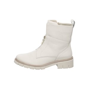 White leather ankle boot with side zipper, chunky sole, and pull tab at the back, designed for casual or outdoor wear.