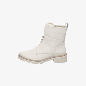 White leather ankle boot with side zipper, chunky sole, and pull tab at the back, designed for casual or outdoor wear.